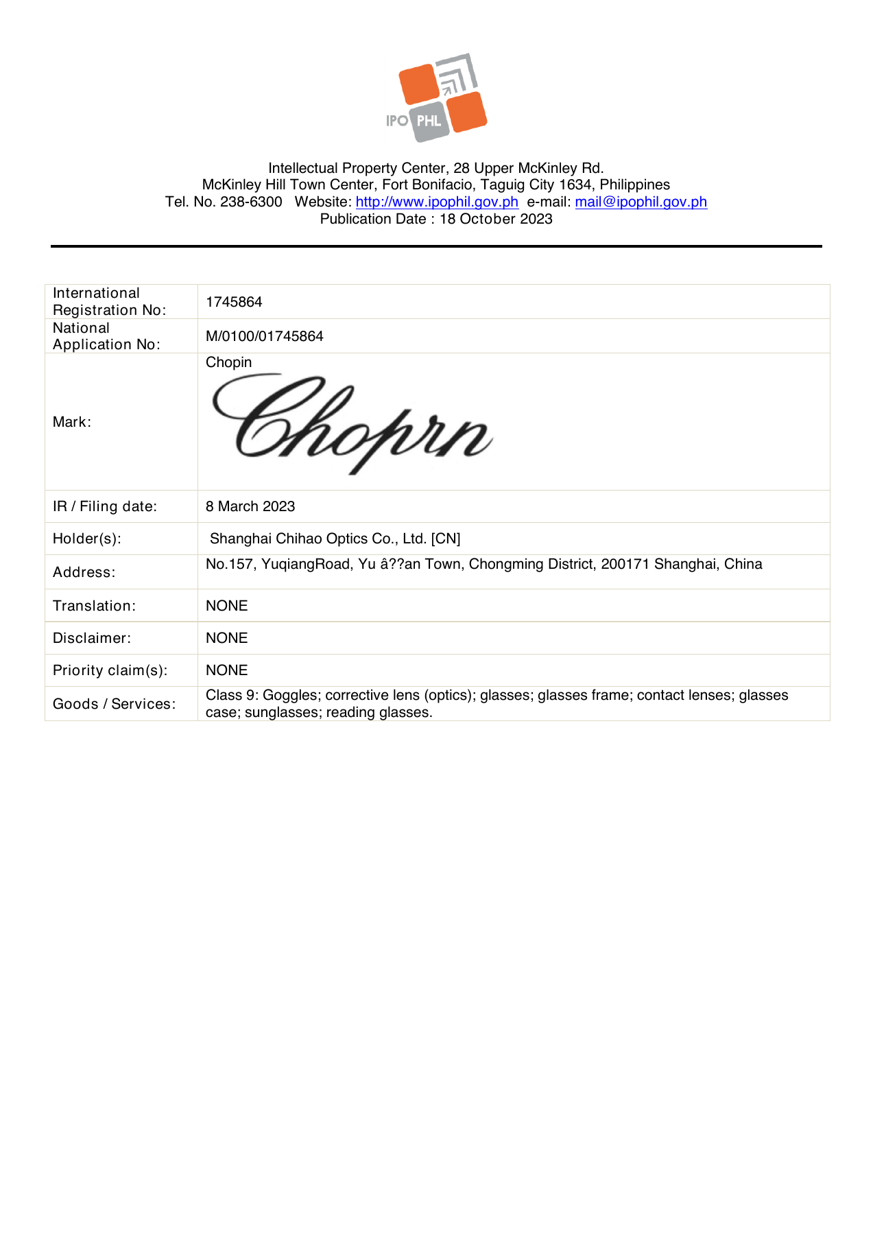菲律宾知识产权局2023年10月18日商标公报第78页原页:Chopin与Shanghai Chihao Optics Co., Ltd.